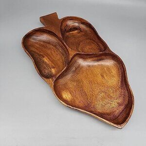 Philippines Hand Carved Leaf Divided 3 Section 2x8x14 Asian Wood Serving Tray